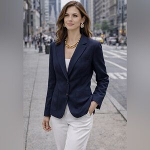 Sandro Paris Navy Blazer Single Breasted Textured Cotton Blend Size Small Career